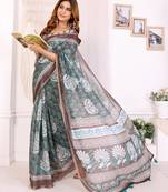 brown printed art silk designer pallu chanderi saree
