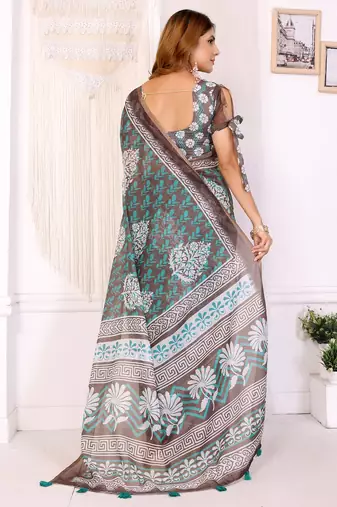 brown printed art silk designer pallu chanderi saree