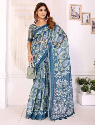 teal printed art silk designer pallu chanderi saree 1