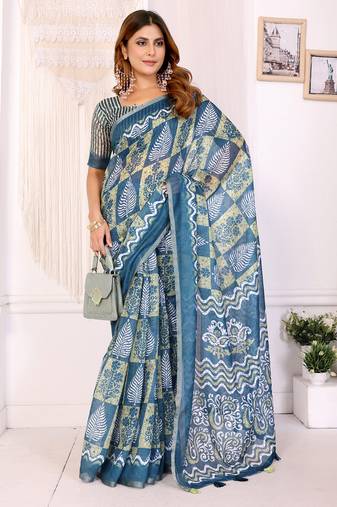 teal printed art silk designer pallu chanderi saree