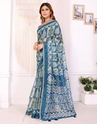 teal printed art silk designer pallu chanderi saree 2
