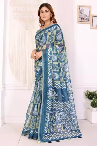 teal printed art silk designer pallu chanderi saree