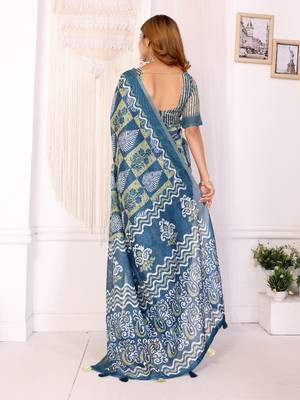 teal printed art silk designer pallu chanderi saree 3