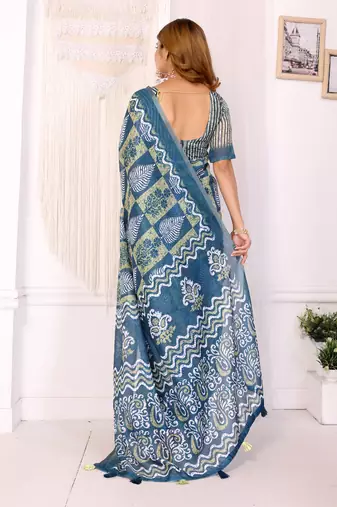 teal printed art silk designer pallu chanderi saree