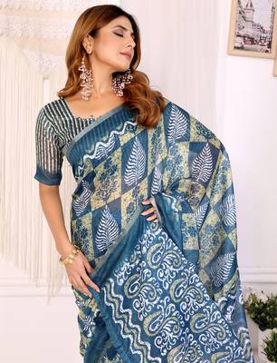 teal printed art silk designer pallu chanderi saree 4
