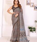brown printed art silk designer pallu chanderi saree