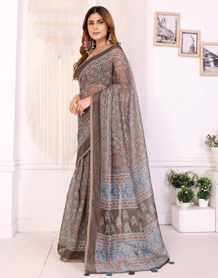 brown printed art silk designer pallu chanderi saree 2