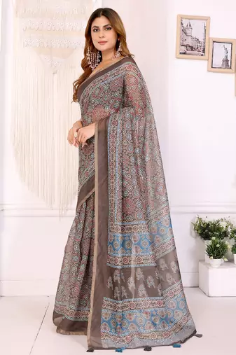 brown printed art silk designer pallu chanderi saree