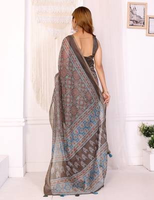 brown printed art silk designer pallu chanderi saree 3