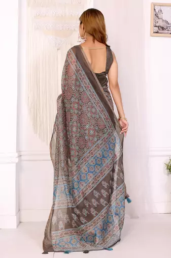 brown printed art silk designer pallu chanderi saree