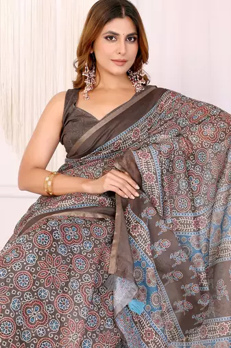 brown printed art silk designer pallu chanderi saree