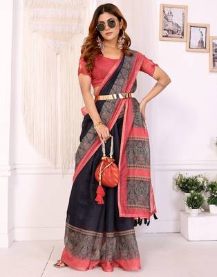 black printed art silk designer pallu chanderi saree 1