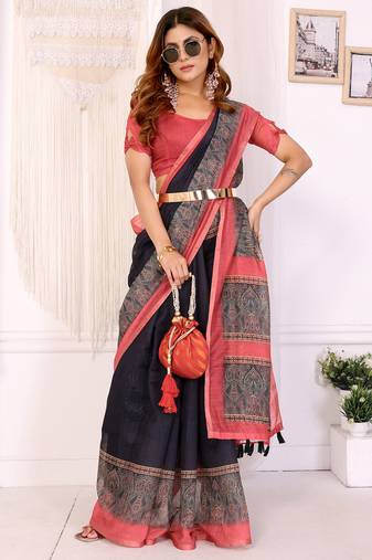 black printed art silk designer pallu chanderi saree