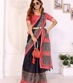 black printed art silk designer pallu chanderi saree