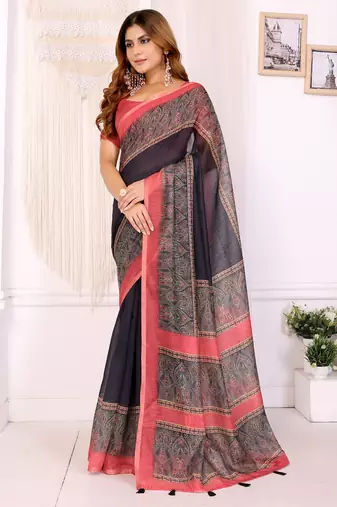 black printed art silk designer pallu chanderi saree