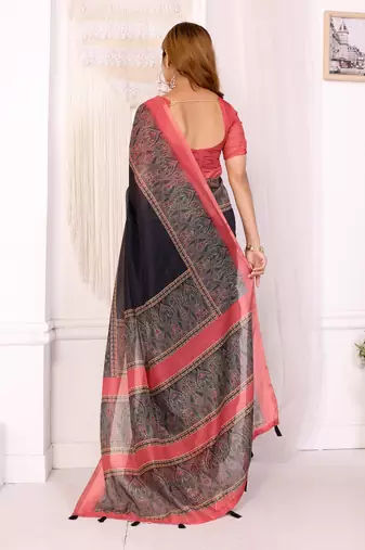 black printed art silk designer pallu chanderi saree