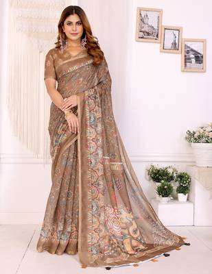 chiku printed art silk designer pallu chanderi saree 1