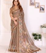 chiku printed art silk designer pallu chanderi saree