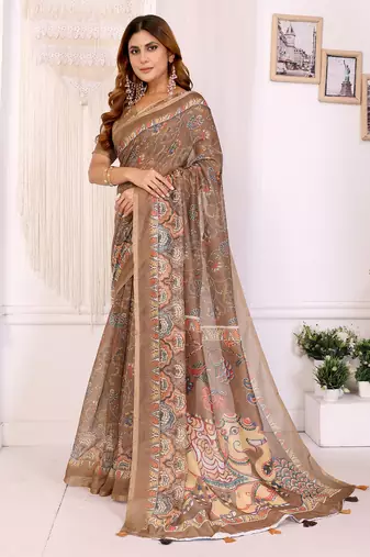 chiku printed art silk designer pallu chanderi saree