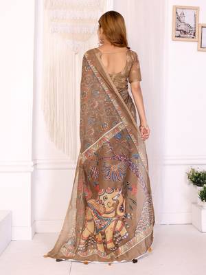 chiku printed art silk designer pallu chanderi saree 3