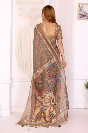 chiku printed art silk designer pallu chanderi saree