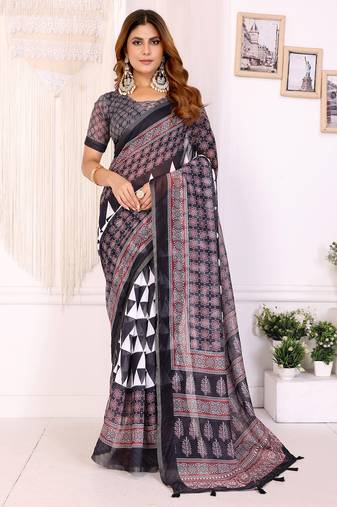 black printed art silk designer pallu chanderi saree