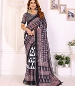 black printed art silk designer pallu chanderi saree