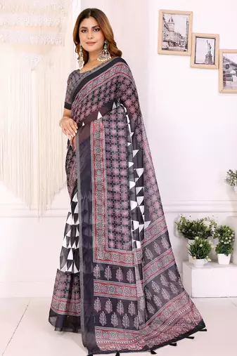 black printed art silk designer pallu chanderi saree
