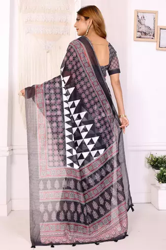 black printed art silk designer pallu chanderi saree