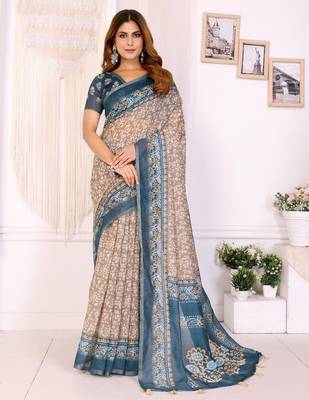 chiku printed art silk designer pallu chanderi saree 1