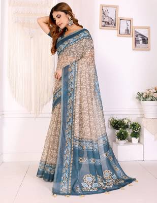 chiku printed art silk designer pallu chanderi saree 2