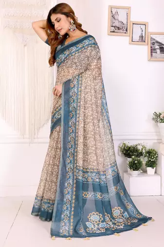 chiku printed art silk designer pallu chanderi saree
