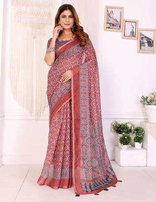 orange printed art silk designer pallu chanderi saree 1