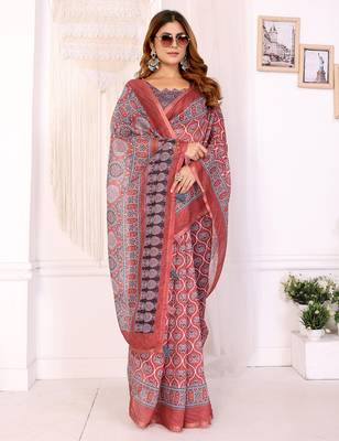 orange printed art silk designer pallu chanderi saree 2