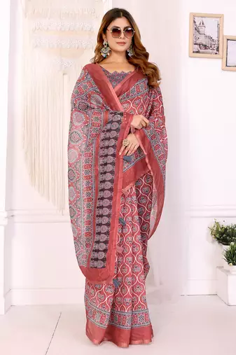 orange printed art silk designer pallu chanderi saree