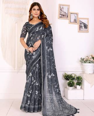 dark grey printed art silk designer pallu chanderi saree 1