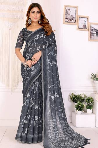 dark grey printed art silk designer pallu chanderi saree