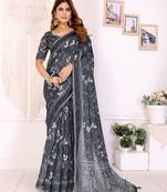 dark grey printed art silk designer pallu chanderi saree