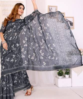 dark grey printed art silk designer pallu chanderi saree 2