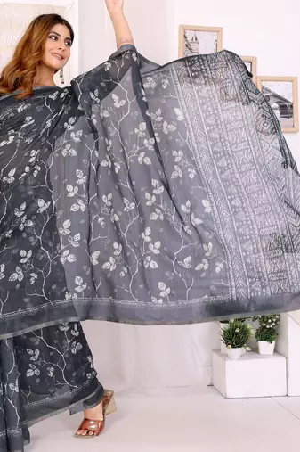 dark grey printed art silk designer pallu chanderi saree