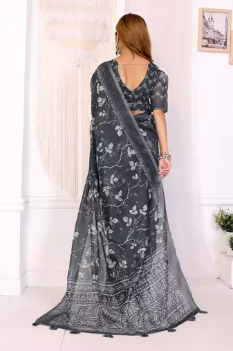 dark grey printed art silk designer pallu chanderi saree
