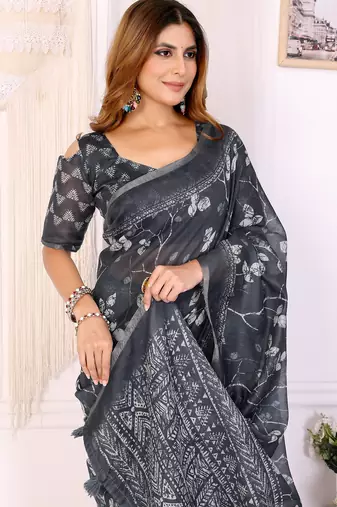 dark grey printed art silk designer pallu chanderi saree