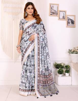 white printed art silk designer pallu chanderi saree 1