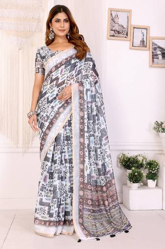 white printed art silk designer pallu chanderi saree
