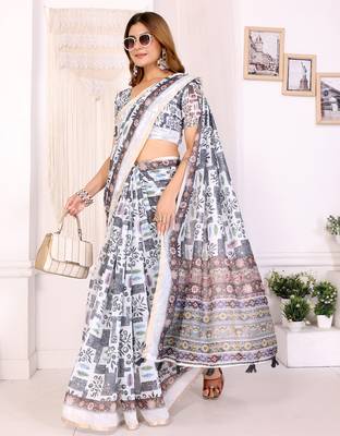 white printed art silk designer pallu chanderi saree 2