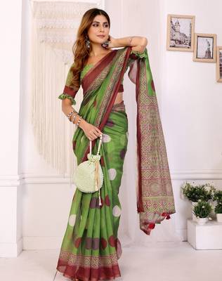 green printed art silk designer pallu chanderi saree 1