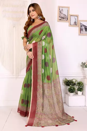 green printed art silk designer pallu chanderi saree