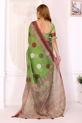 green printed art silk designer pallu chanderi saree