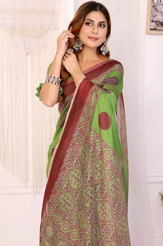 green printed art silk designer pallu chanderi saree