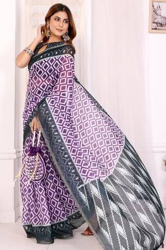 purple printed art silk designer pallu chanderi saree